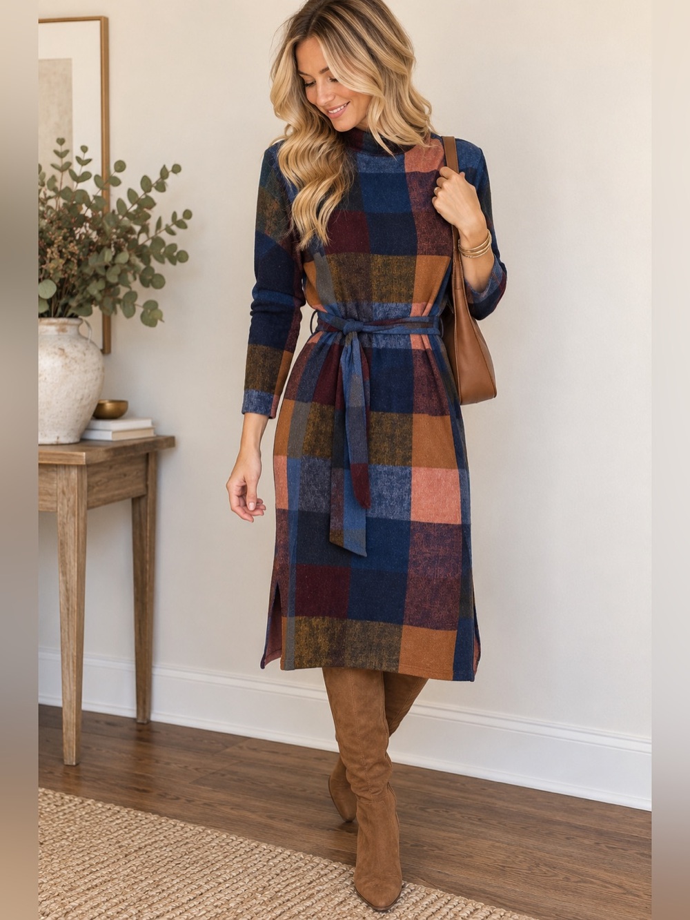 Cameo Plaid Belted Midi Sweater Dress Long Sleeve Fall Vintage Style